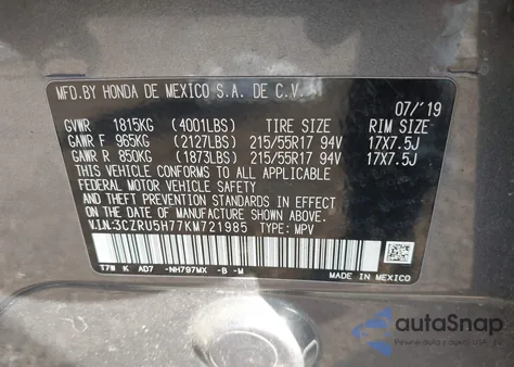 2019 Honda Hr-V Ex-L z USA, uszkodzony, nr VIN 3CZRU5H77KM721985